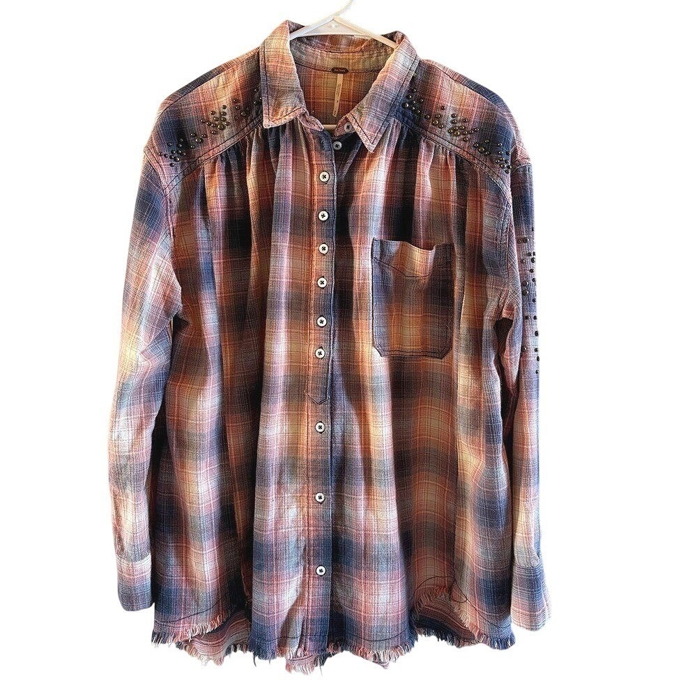 Free People Take Me On Med Oversized Plaid Button Down Shirt Metal Stud Designs